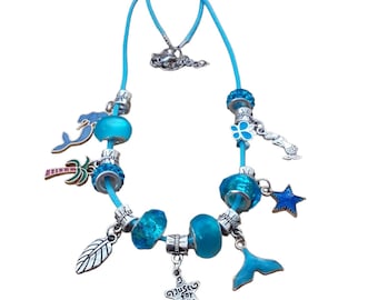 Blue Mermaid Charm Necklace, Tropical Ocean Theme, Beaded Jewelry
