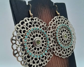 Intricate Filigree Earrings, Faux Green Gem and Gold Plated Filigree Earrings, Fancy Gold Plated Filigree Earrings, Nickel Free, Gold Plated