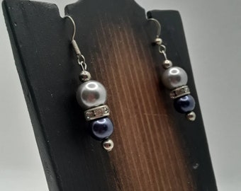 Blue and Silver Tone Beaded Earrings With a Faux Diamond Spacer Bead, Nickel Free Jewelry, High Fashion Jewelry, Fancy Earrings