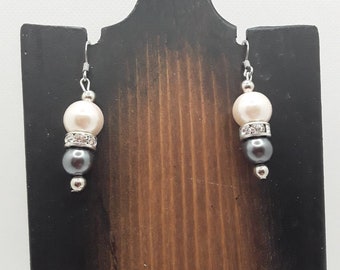 Grey and Pearl White Beaded Earrings With a Faux Diamond Spacer Bead, Nickel Free Jewelry, High Fashion Jewelry, Fancy Earrings