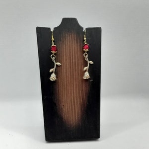 Red Beaded Gold Plated Long Stem Rose Shaped Earrings with Faux Diamonds