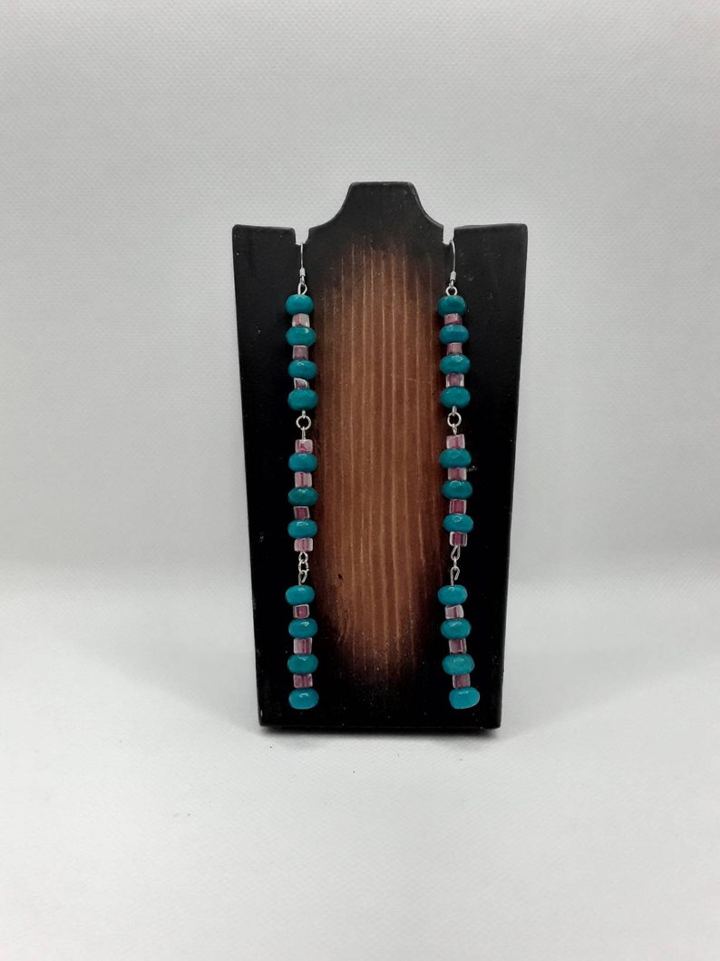Blue and Pink Beaded Dangling Earrings Nickel Free Earrings Dangling Earrings Long Earrings Textured Earrings