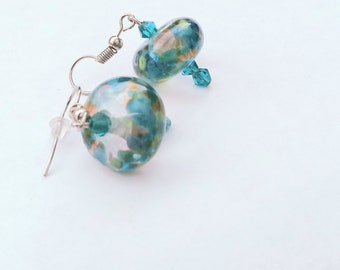 Green and Blue Speckeled Glass and Crystal Earrings
