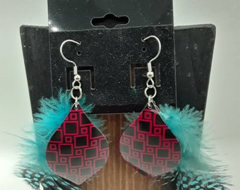 Red and Black Checkered Earrings with Blue Feathers, Red and Black Earrings, Blue Feather Earrings, Jewelry with Feathers