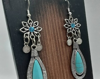 Faux Turquoise and Silver Tone Earrings, Blue and Silver Earrings, Nickel Free, Silver Tone and Blue Jewelry