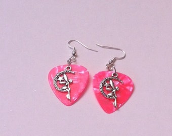 Art Deco Style Fairy and Pink Guitar Pick Earrings