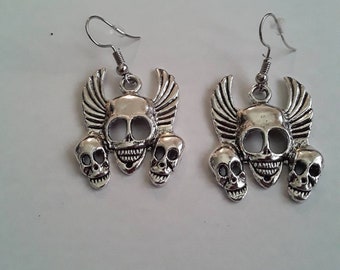 Winged Three Skulls Earrings, Skull Jewelry, Skull and Crossbone Earrings, Nickel Free Earrings, Silver Plated, Winged Skulls