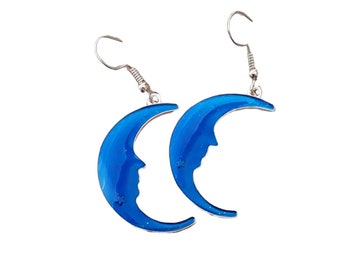 Blue Half Moon Earrings, Crescent Moon Earrings, Blue Enamel Crescent Moon Earrings, Gold Plated Half Moon Earrings