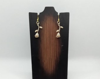 Gold Color Long Stem Rose Shaped Earrings with Faux Diamond Style Gems