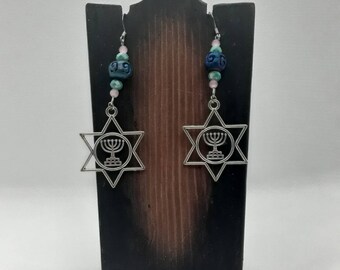 Beaded Star of David and Hanukkah Candle Earrings, Nickel Free Earrings, Religious Symbol Jewelry, Hanukkah Earrings, Hanukkah Jewelry