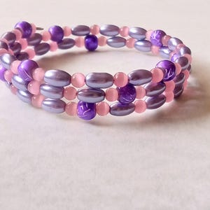 Purple and Pink Beaded Memory Wire Bracelet, Delicate Beaded Bracelet, Acrylic Beads, Nickel Free Silver Plated Memory Wire