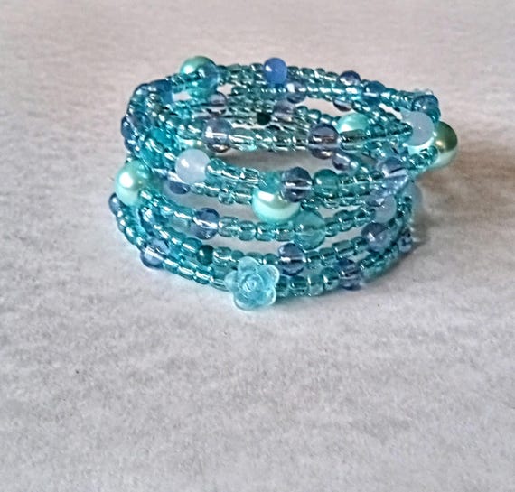 Silver Crochet Bracelet Crochet Wire Necklace Blue Beaded Memory