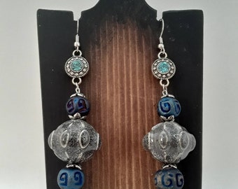 Blue Porcelain Bead Earrings with Faux Blue Gems