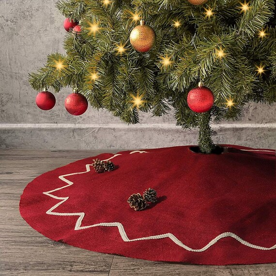 Duck Canvas Pom Pom Tree Skirt- Red, Natural or Burgundy-Boho Christmas  Decor- Natural Christmas Decor- Velvet Pom Poms