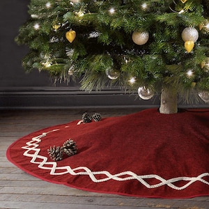 Custom Embroidered Christmas Tree Skirt 36 inch Burgundy Red and lace