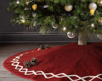 Custom Embroidered Christmas Tree Skirt 36 inch Burgundy Red and lace