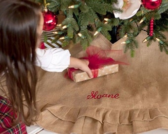 Custom Embroidered Christmas Tree Skirt 48 inch burlap with ruffle