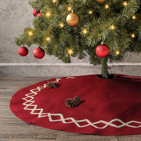 Custom Embroidered Christmas Tree Skirt 48 inch Burgundy Red and lace