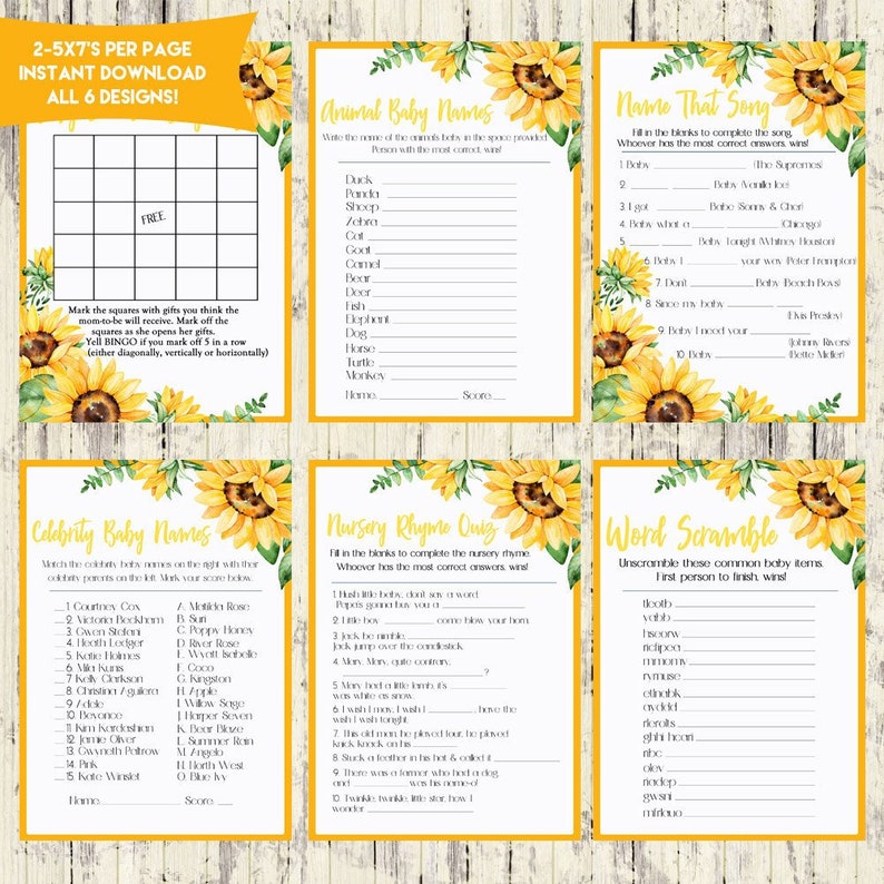 Matching Sunflower Baby Shower Invitation Instant Download Set of 6 Printable Baby Shower Games INSTANT DOWNLOAD