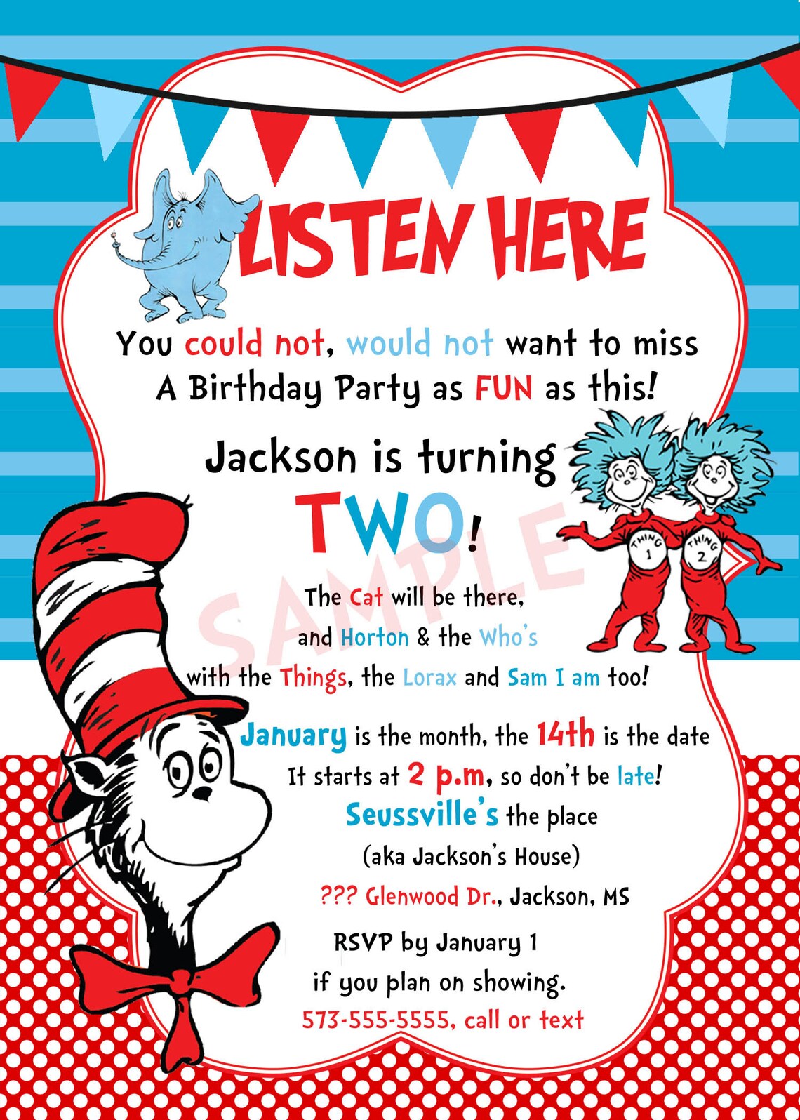 Dr Seuss Birthday Invitation Thing 1 Thing 2 Instant Etsy