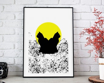 Two Black Cats And Moon Illustration Print