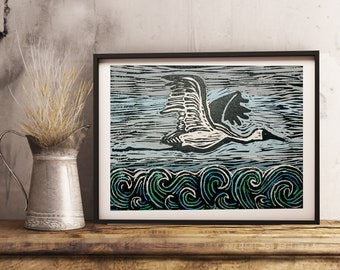 Siberian Crane at Sea Lino Print Digital Coloured