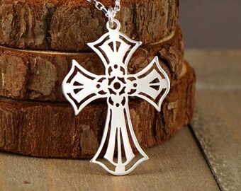 925 Sterling Silver Handcut Cross, Necklace, Greek Leather