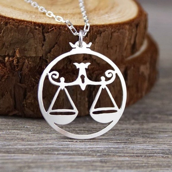 Libra Necklace - Hand Cut 925 Sterling Silver Pendant, Scales of Justice, Zodiac Jewelry