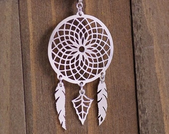 Dream Catcher - 925 Sterling Silver Handcut Pendant, Necklace, Leaf and Feathers