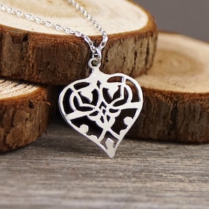 Herz Deco - Hand Cut 925 Sterling Silber Anhänger, Halskette, Art Deco Schmuck