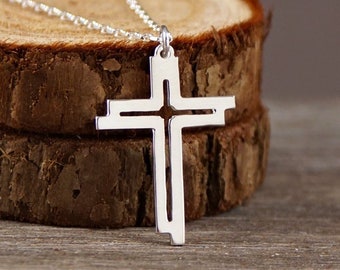 Contemporary Cross - Handcut 925 Sterling Silver Pendant, Necklace