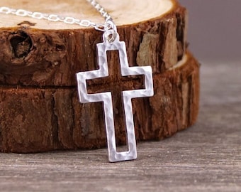 Hammered Hollow Cross - 925 Sterling Silver Handcut Pendant, Necklace
