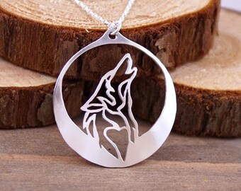 Howling Wolf - Sterling Silver Hand Cut Pendant, Necklace