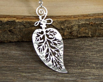 Hammered Leaf Necklace - Sterling Silver Hand Cut Pendant, Necklace