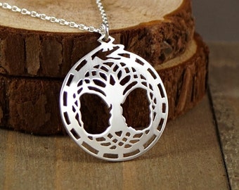 Ouroboros and the Tree of Life - 925 Handcut Sterling Silver Pendant, Necklace