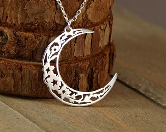 Crescent Moon Garden - Handcut 925 Sterling Silver Pendant, Necklace