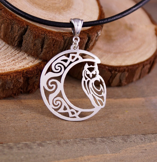 Celtic Crescent Moon and Owl - Hand Cut .925 Sterling Silver Pendant, Necklace