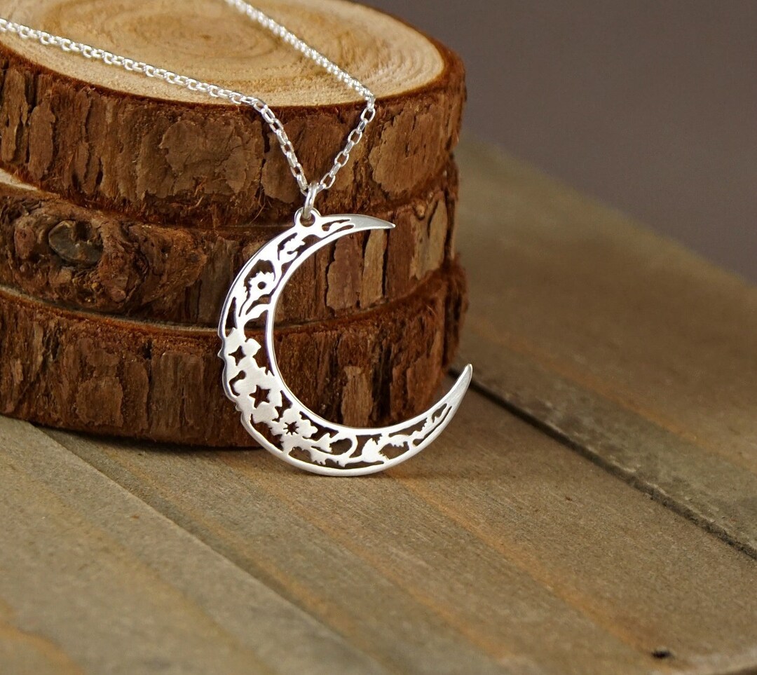 Crescent Moon Garden - Handcut 925 Sterling Silver Pendant, Necklace - Etsy