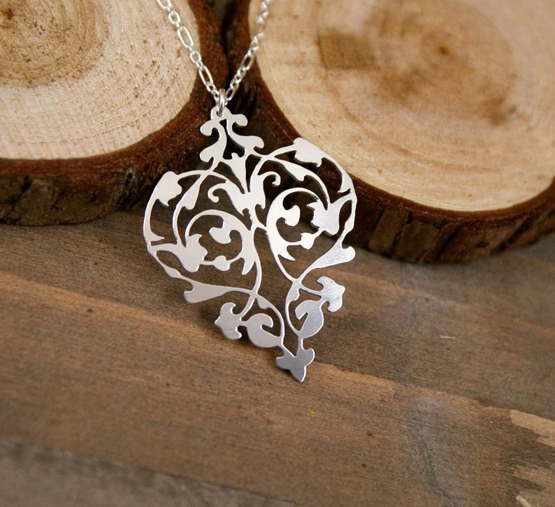 Intricate Heart Sterling Silver Hand Cut Pendant, Sterling Silver Necklace image 1