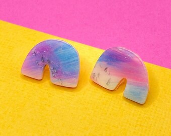 Handmade Watercolor Polymer Clay Stud Earrings: Abstract Arch Jewelry