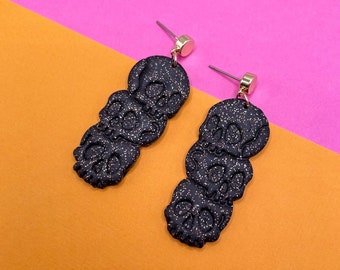 Glitter Skull Dangle Earrings: Handmade Polymer Clay Halloween Jewelry