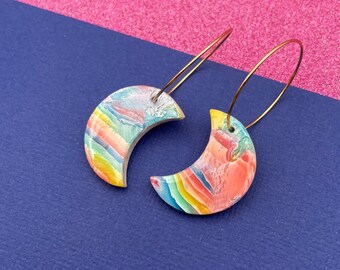 Rainbow Crescent Moon Earrings, Dangle Hoops Rainbow, Celestial Moon Earrings, Colorful Statement Earrings, Birthday Gift for Her Under 30