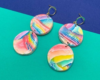 80s Retro Rainbow Dangle Earrings: Handmade Polymer Clay