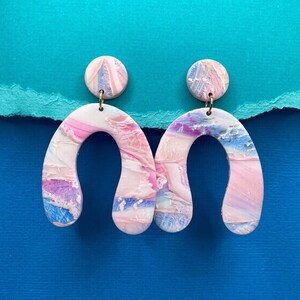 Pink Arched Earrings, Pink Dangle Earrings, Pink Marble Earrings, Retro 80s Earrings, Fun Statement Earrings, Gift for Her, Gift Under 30