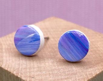 Small Handpainted Clay Stud Earrings, Blue and Purple Earrings, Fun Gift for Teenage Girl, Bold Statement Earrings, Gift for Her Under 20