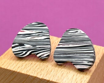 Handmade Polymer Clay Stud Earrings: Asymmetrical Zebra Print