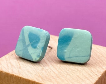 Blue Stud Earrings, Square Studs, Small Earrings, Gift for Her, Gift Under 20, Handmade Clay Earrings, Lightweight Studs, Minimalist Gift