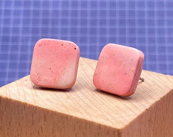 Pink Square Stud Earrings: Handmade Polymer Clay, Nickel-Free