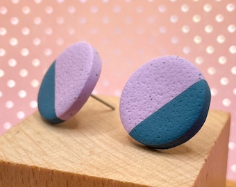 Handmade Colorblock Polymer Clay Stud Earrings: Lavender & Teal