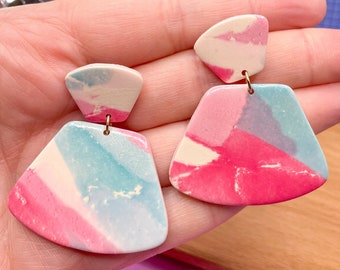 Watercolor Earrings, Hot Pink Dangle Earrings, Large Funky Statement Earrings, Gift for Her, Gift Under 30, Colorful Earrings, Bold Earrings
